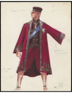 A colorful sketch shows a male figure wearing an intricate maroon robe and hat.