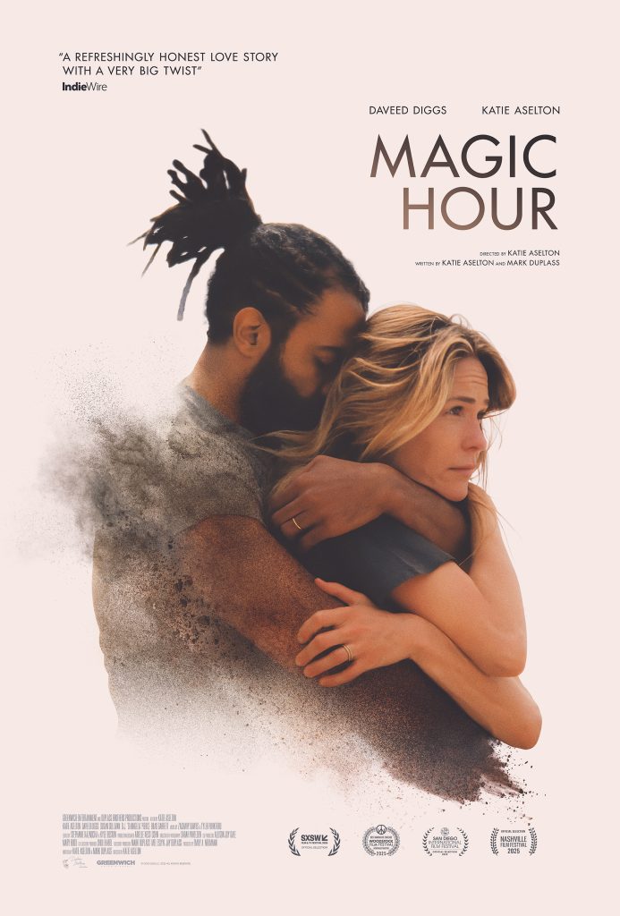 The poster for 'Magic Hour' shows two people in an embrace. The man is beginning to fade away like blowing sand.