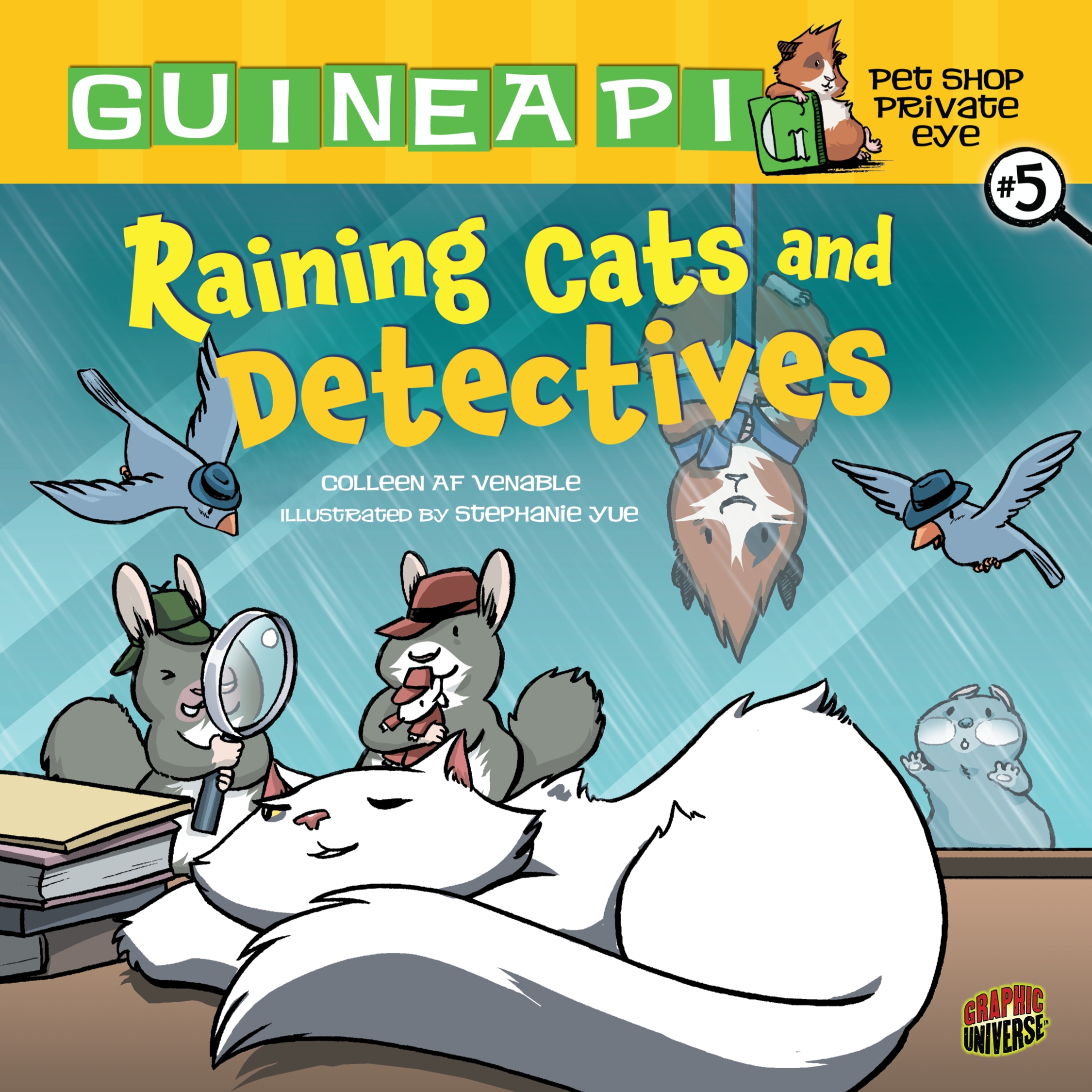 This image is the cover for the book Raining Cats and Detectives, Guinea PIG, Pet Shop Private Eye