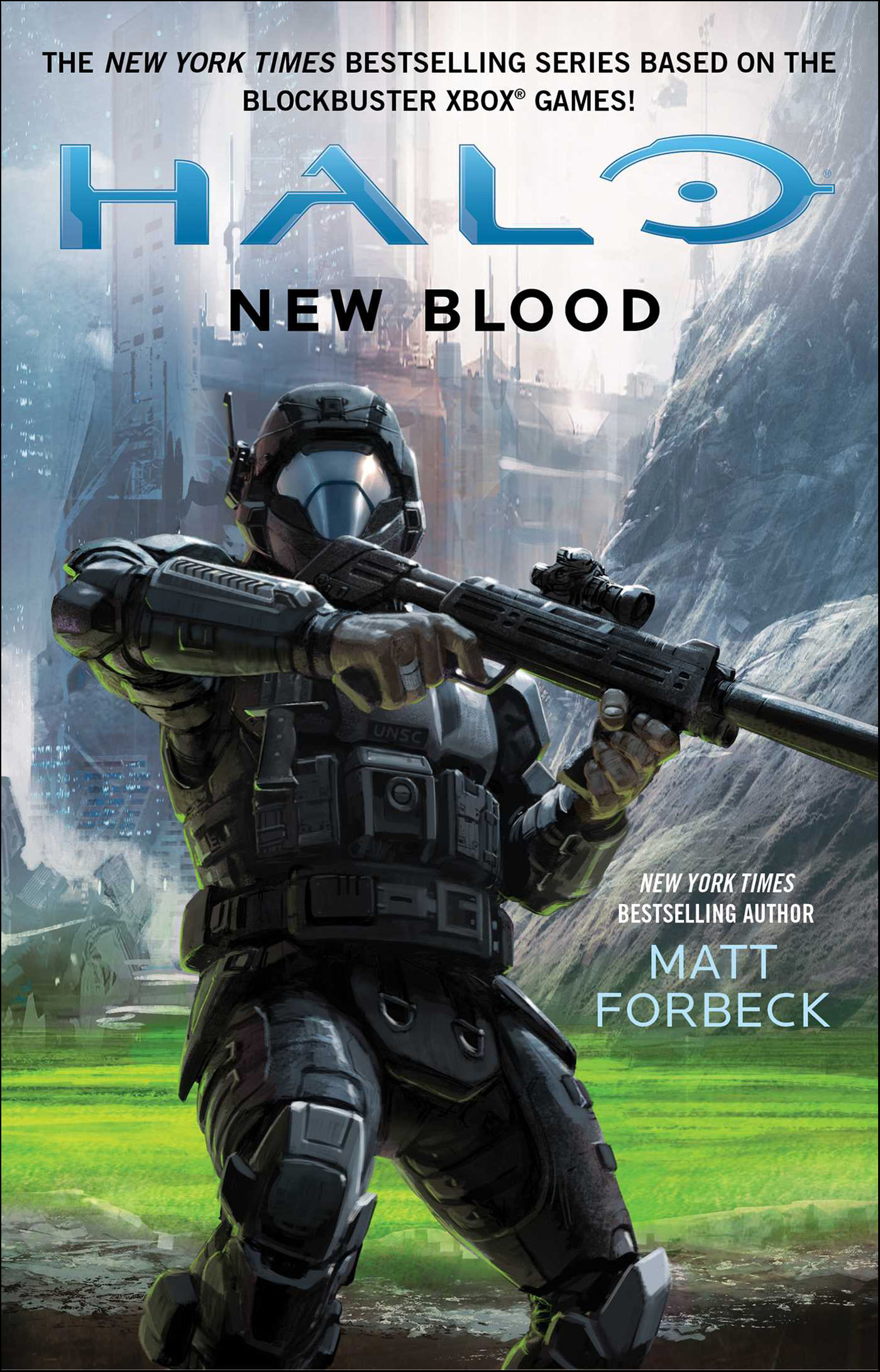 This image is the cover for the book Halo: New Blood, Halo