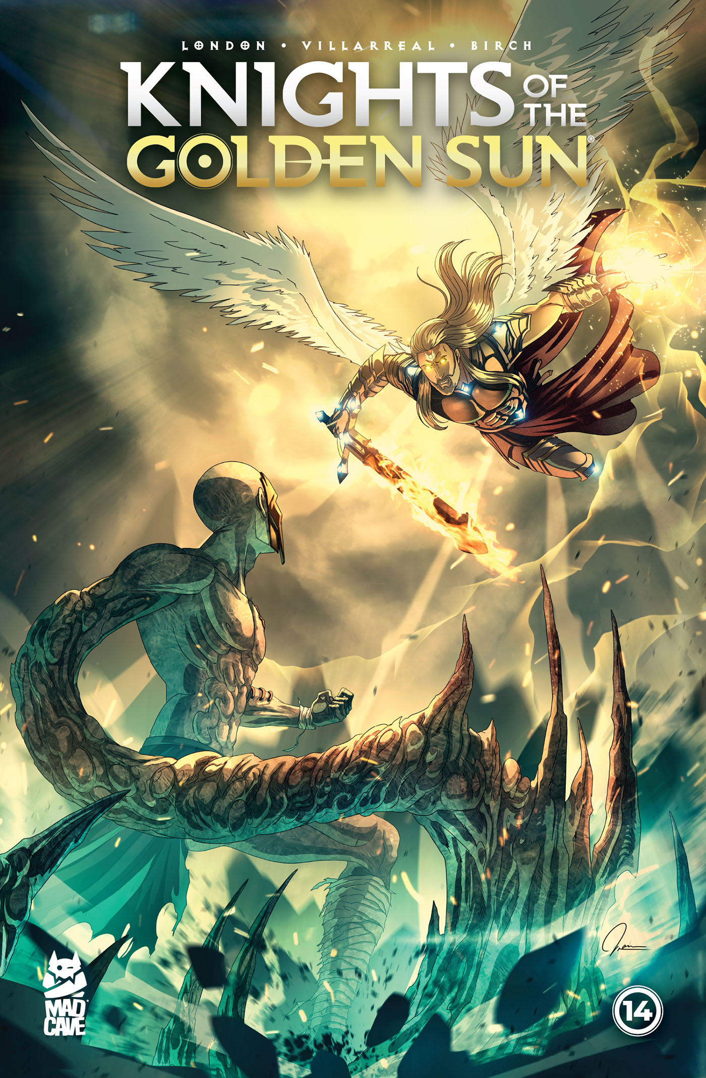 This image is the cover for the book Knights of the Golden Sun #14, Knights of the Golden Sun