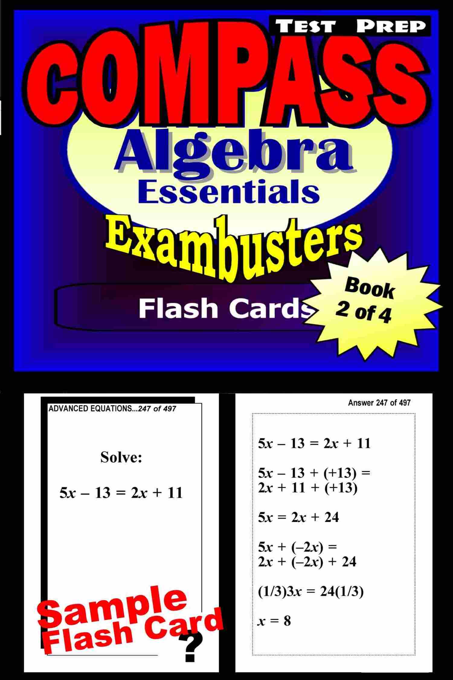 This image is the cover for the book COMPASS Test Prep Algebra Review--Exambusters Flash Cards--Workbook 2 of 4, Exambusters Compass