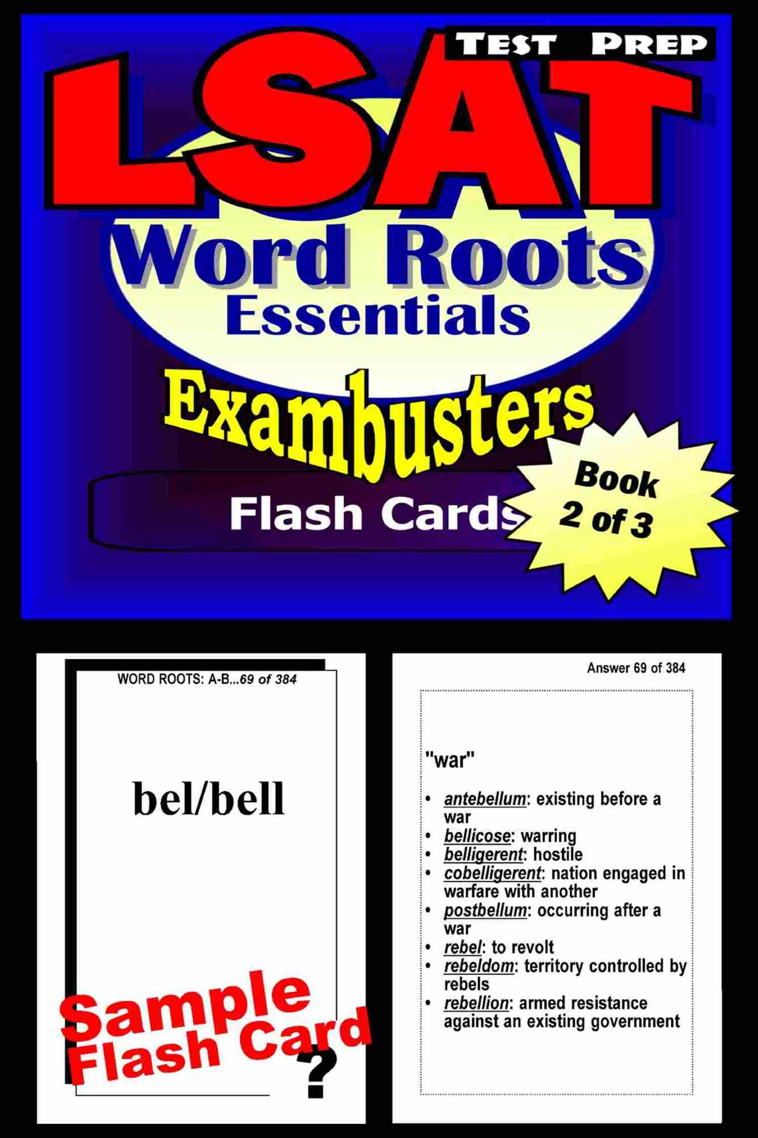 This image is the cover for the book LSAT Test Prep Essential Word Roots--Exambusters Flash Cards--Workbook 2 of 3, Exambusters LSAT