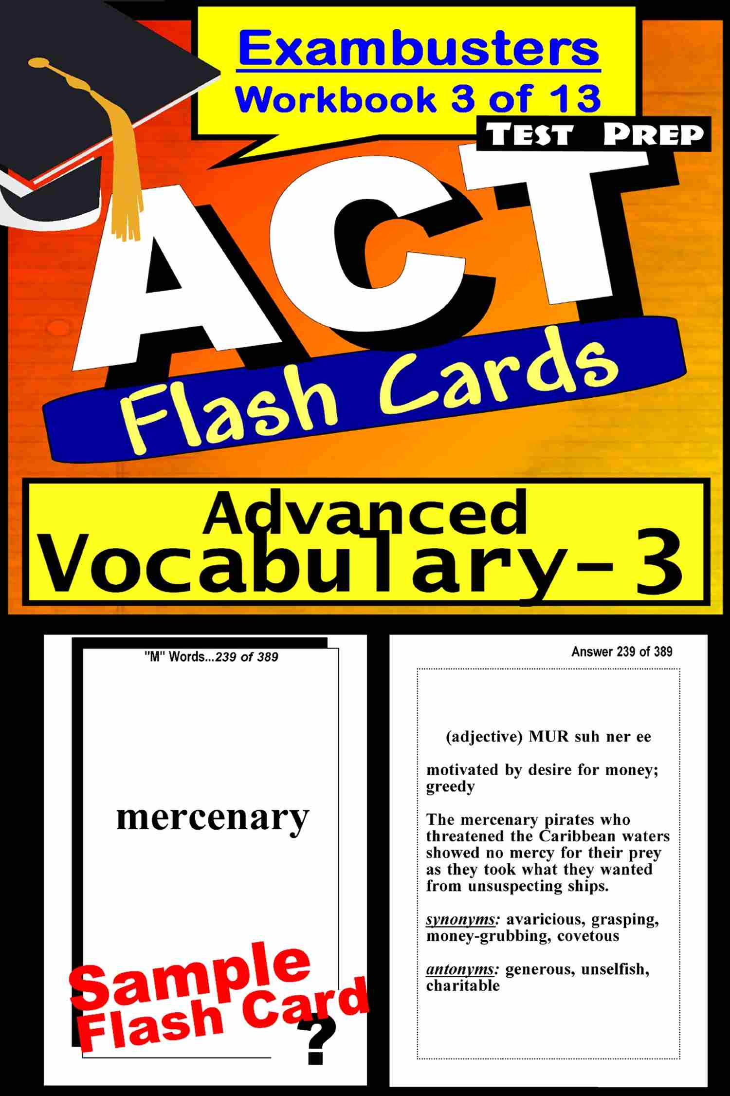 This image is the cover for the book ACT Test Prep Advanced Vocabulary Review--Exambusters Flash Cards--Workbook 3 of 13, Exambusters ACT