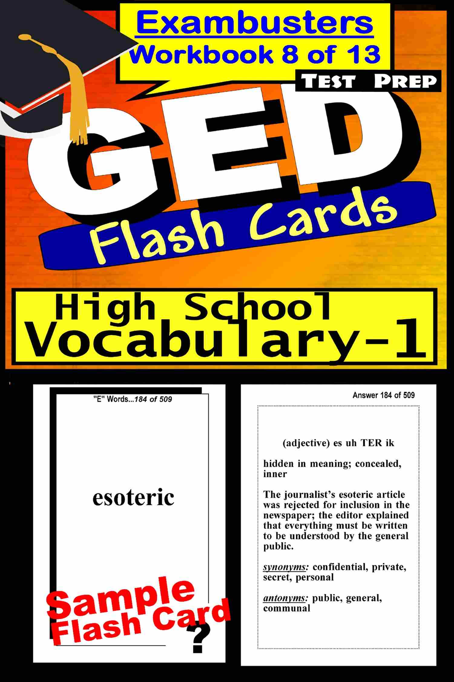 This image is the cover for the book GED Test Prep High School Vocabulary 1 Review--Exambusters Flash Cards--Workbook 8 of 13, Exambusters GED