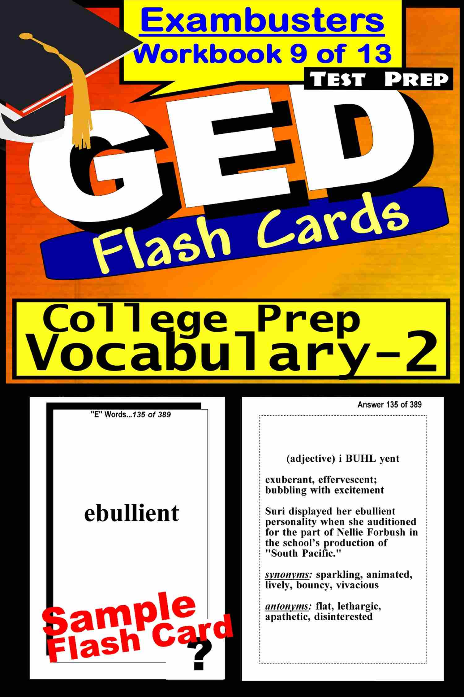 This image is the cover for the book GED Test Prep College Prep Vocabulary 2 Review--Exambusters Flash Cards--Workbook 9 of 13, Exambusters GED