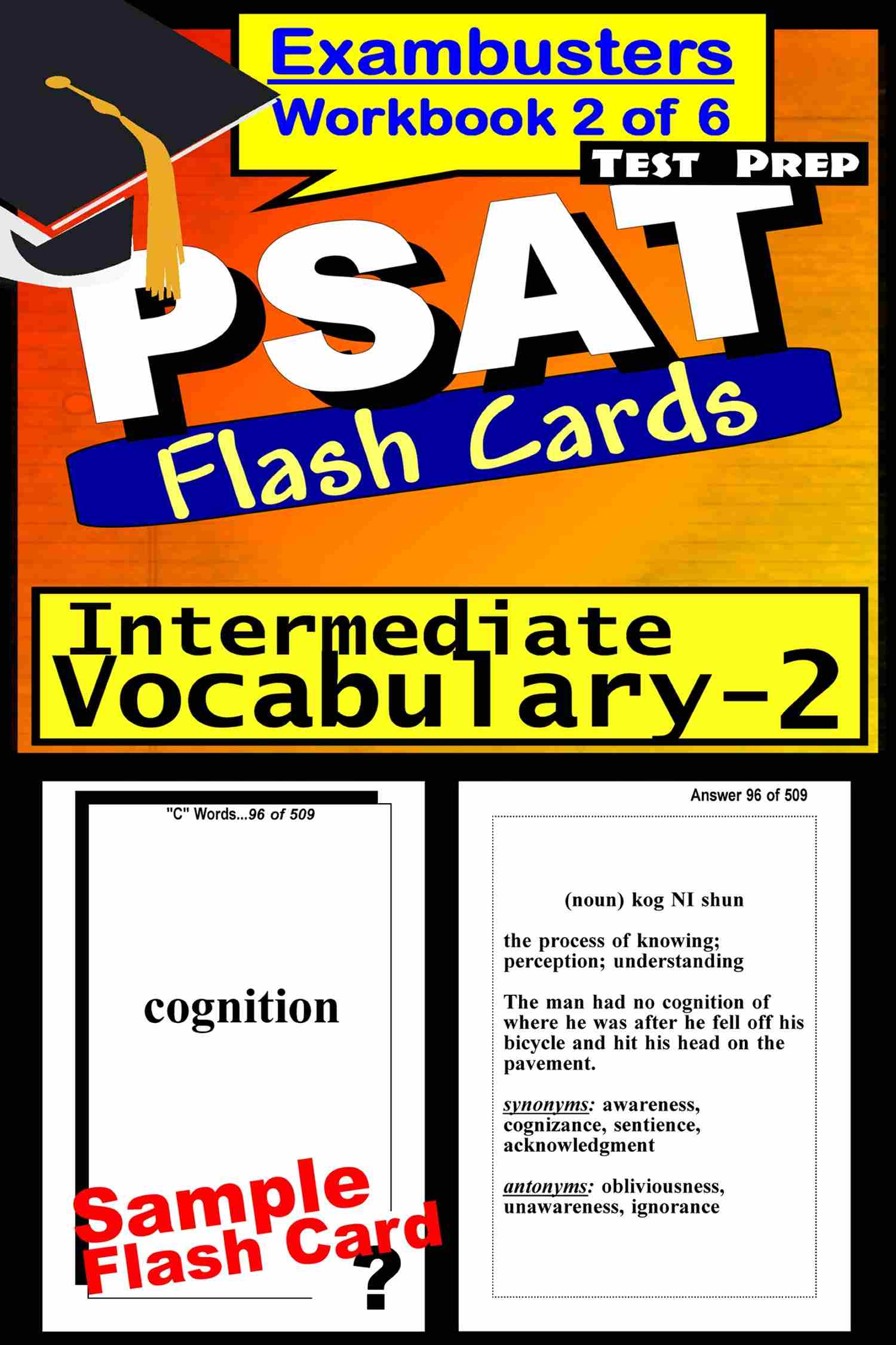 This image is the cover for the book PSAT Test Prep Intermediate Vocabulary 2 Review--Exambusters Flash Cards--Workbook 2 of 6, Exambusters PSAT