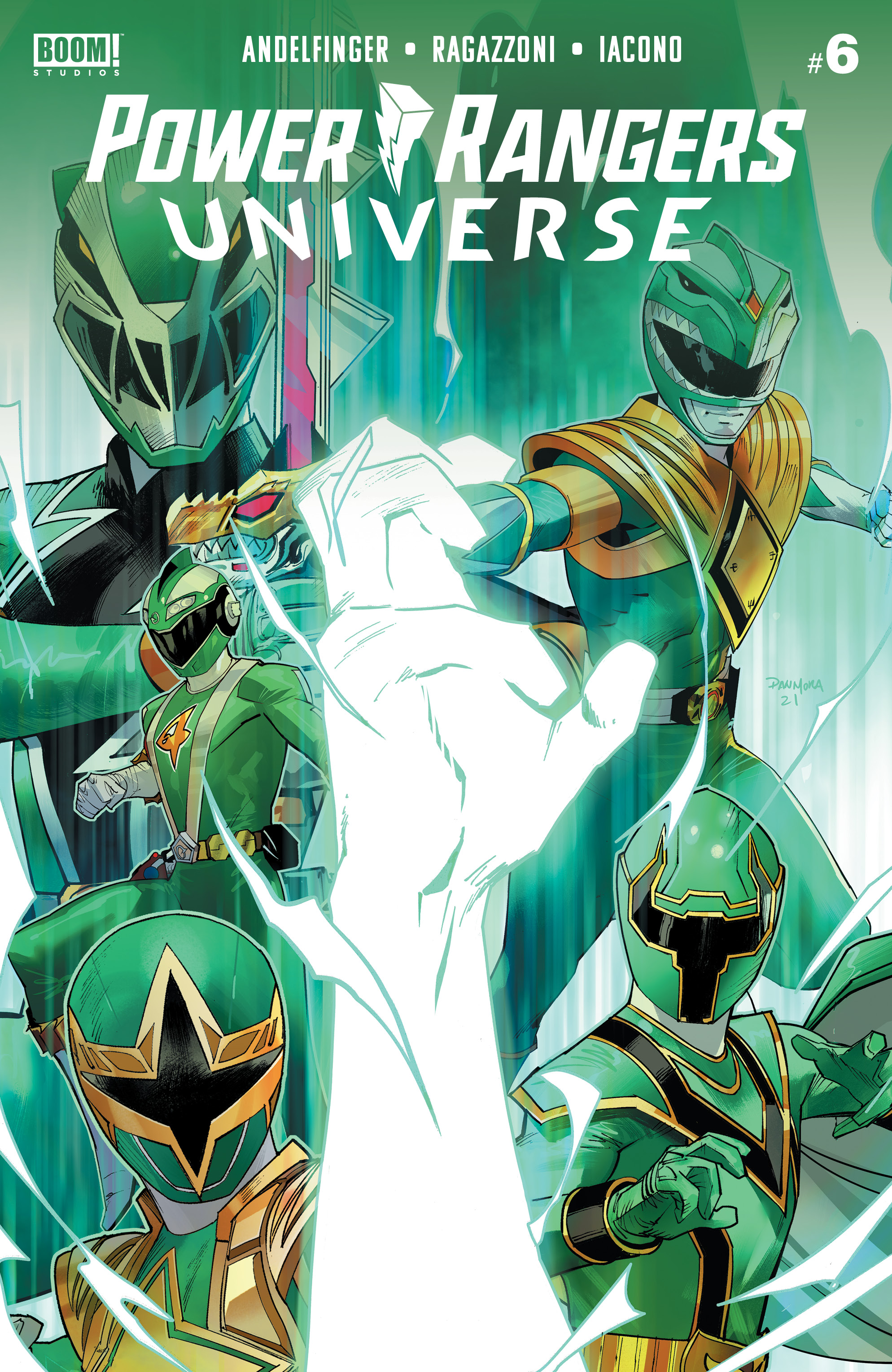 This image is the cover for the book Power Rangers Universe #6, Power Rangers Universe
