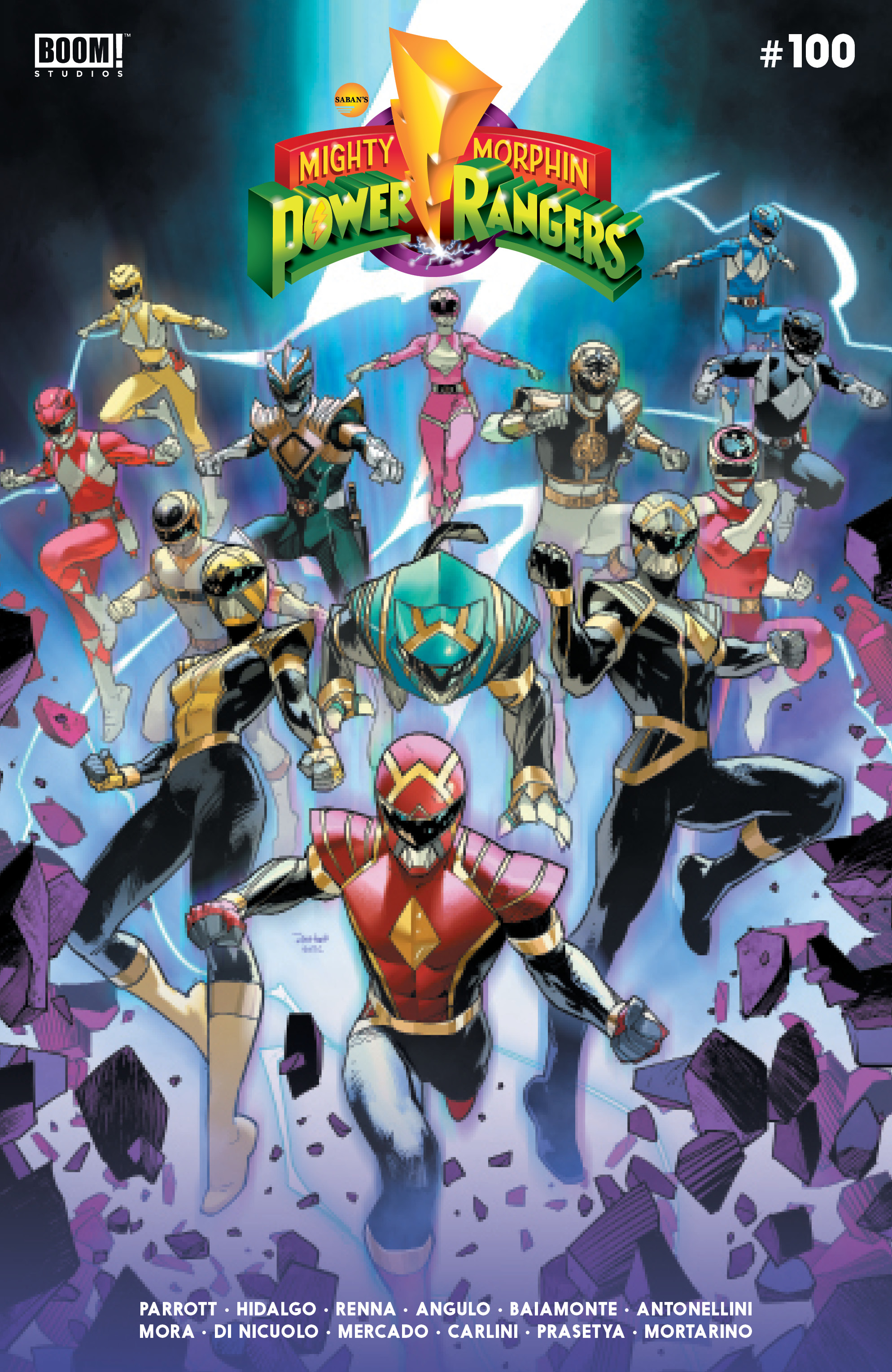 This image is the cover for the book Mighty Morphin Power Rangers #100, Mighty Morphin Power Rangers
