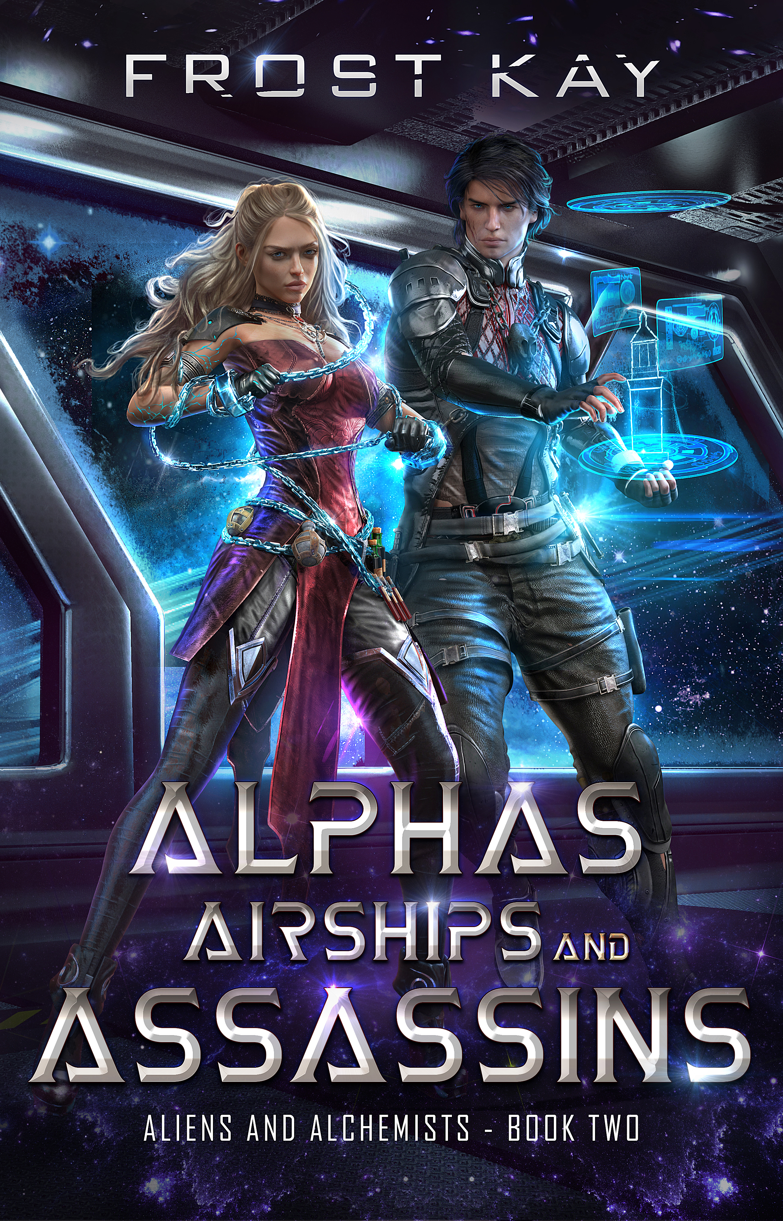 This image is the cover for the book Alphas, Airships, and Assassins, Aliens & Alchemists