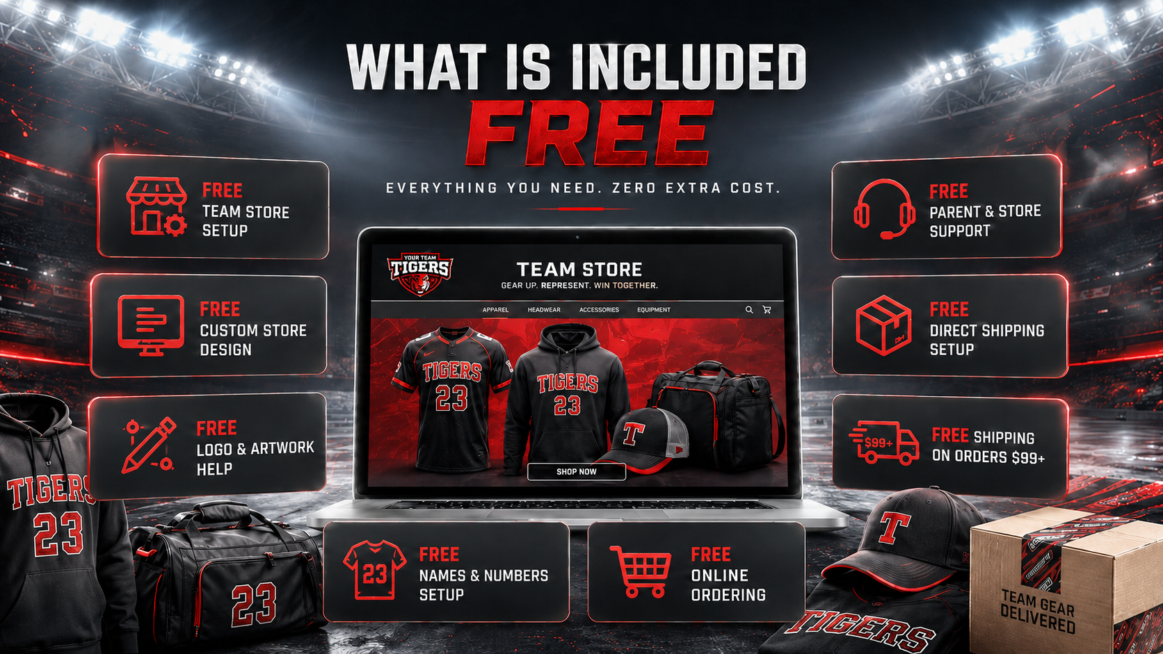 What is included free with an EZ Sports Apparel team store