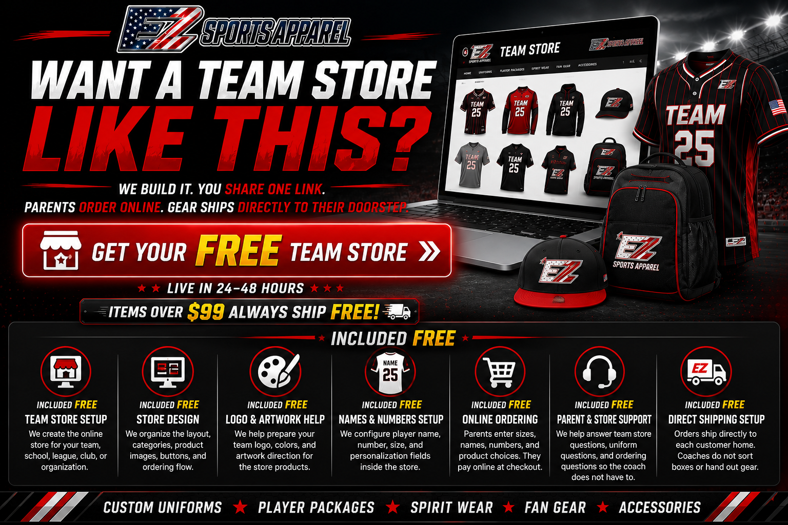 Get your own free EZ Sports Apparel team store for any sport, school, league, club or organization