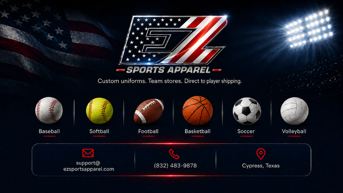 EZ Sports Apparel footer showing sports served and contact information