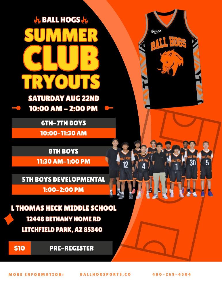 Ball Hogs Summer Club Tryouts flyer