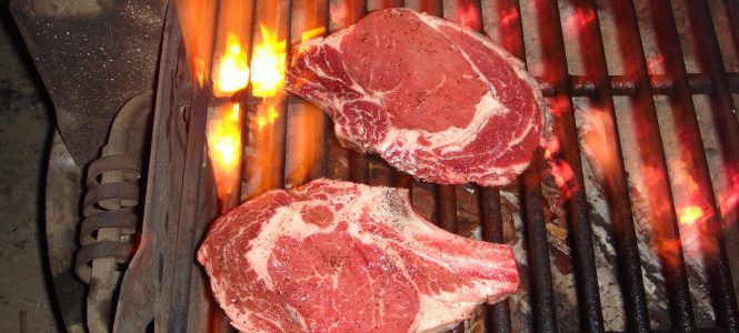 Garlic Brown Butter Ribeye Steaks with Cauliflower Puree – Harvest Grilling Series steaks-on-grill-1323233