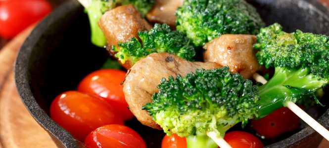 Chicken Garlic Broccoli Kebabs Nice meat kebab with broccoli on skewers.