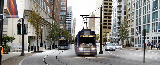 An artist's rendering of a streetcar in Crystal City, Arlington, Virginia. 