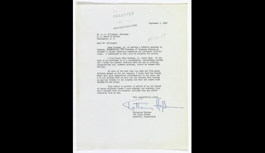 Letter from Katherine Hepburn re Ring Lardner 9-1-1950