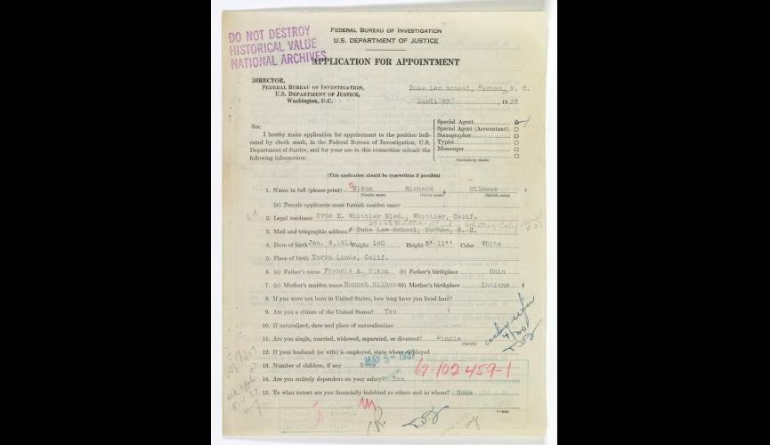 Nixon FBI application 1937, p.1