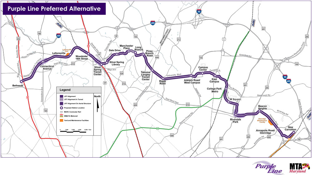 Map of where the Purple Line would go and how it could look. This map shows the end-to-end alignment on a general level. 