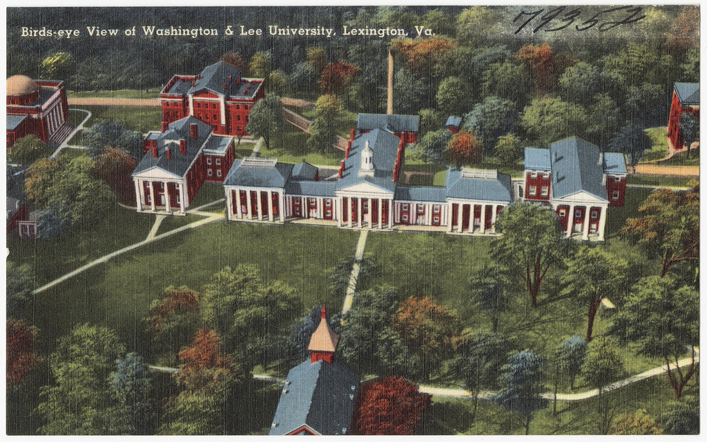 A mid-20th-century postcard featuring the heart of the campus in Lexington, Va.