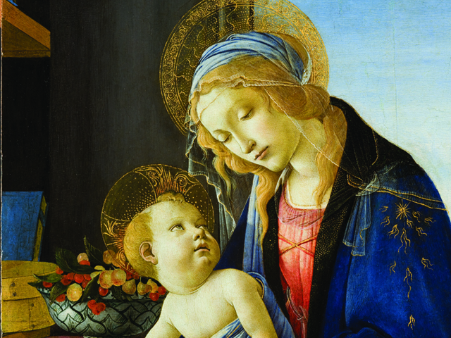 Detail of "Madonna and Child (Madonna col Bambino)," by Sandro Botticelli (Alessandro Filipepi), 1480–81, tempera and oil on wood panel. Also called "Madonna of the Book (Madonna del Libro)."