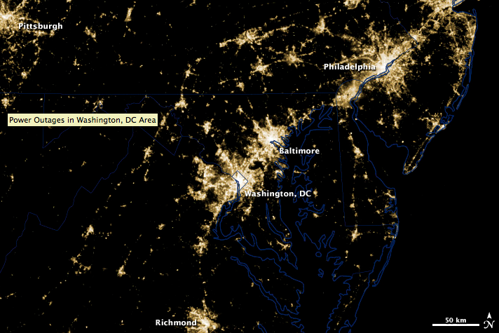 An image from the NASA-NOAA Suomi NPP satellite show the power outages over Washington, D.C. and Baltimore that occurred as a result of the derecho on Friday, June 29, 2012. 