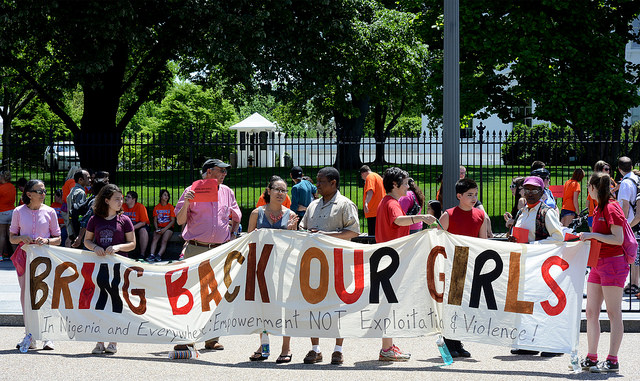 Activists gathered outside the White House on May 11, 2014, in support for nearly 300 Nigerian girls captured from Chibok, Nigeria.