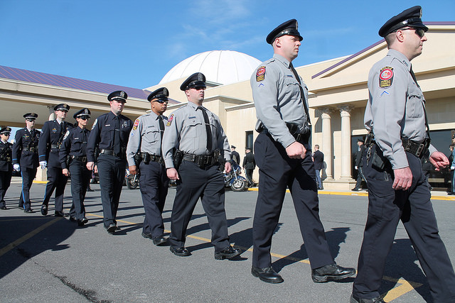 Maryland police officers at a funeral service for Police Officer Brennan Rabain in March, 2015