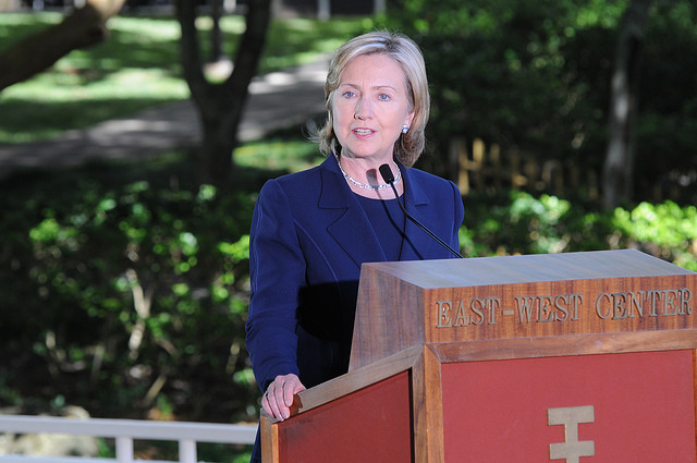 Hillary Clinton speaks at the East-West Center's Hawaii Imin Conference Center in 2010.