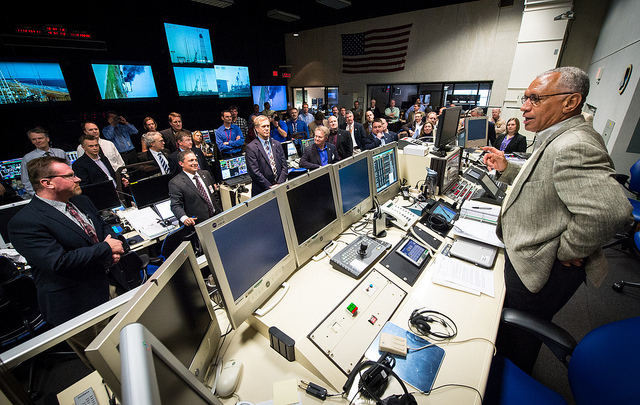 NASA Administrator Charles Bolden congratulating the launch team after the launch of Antares.