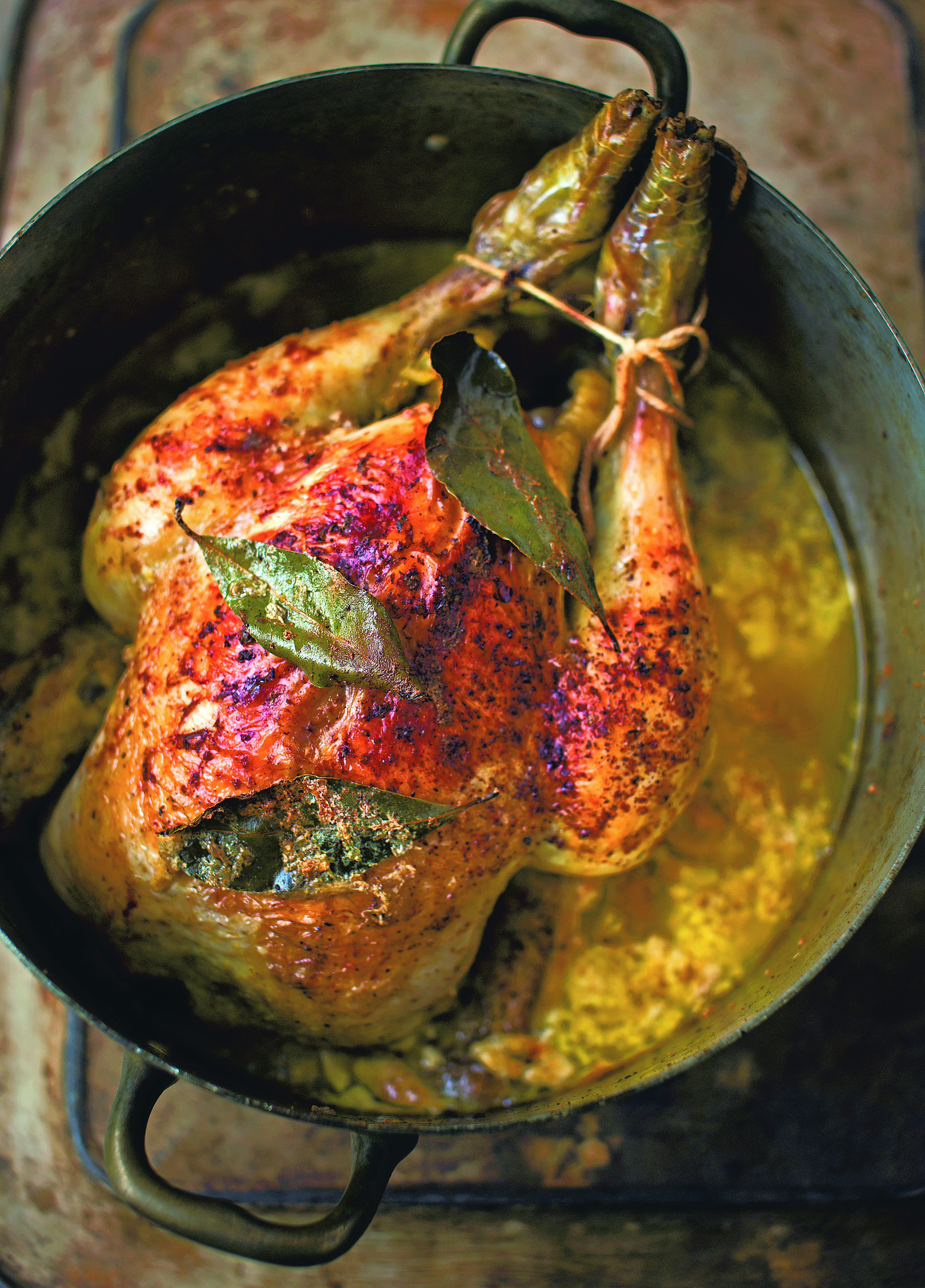 Chicken pot-roasted in milk, bay and nutmeg.