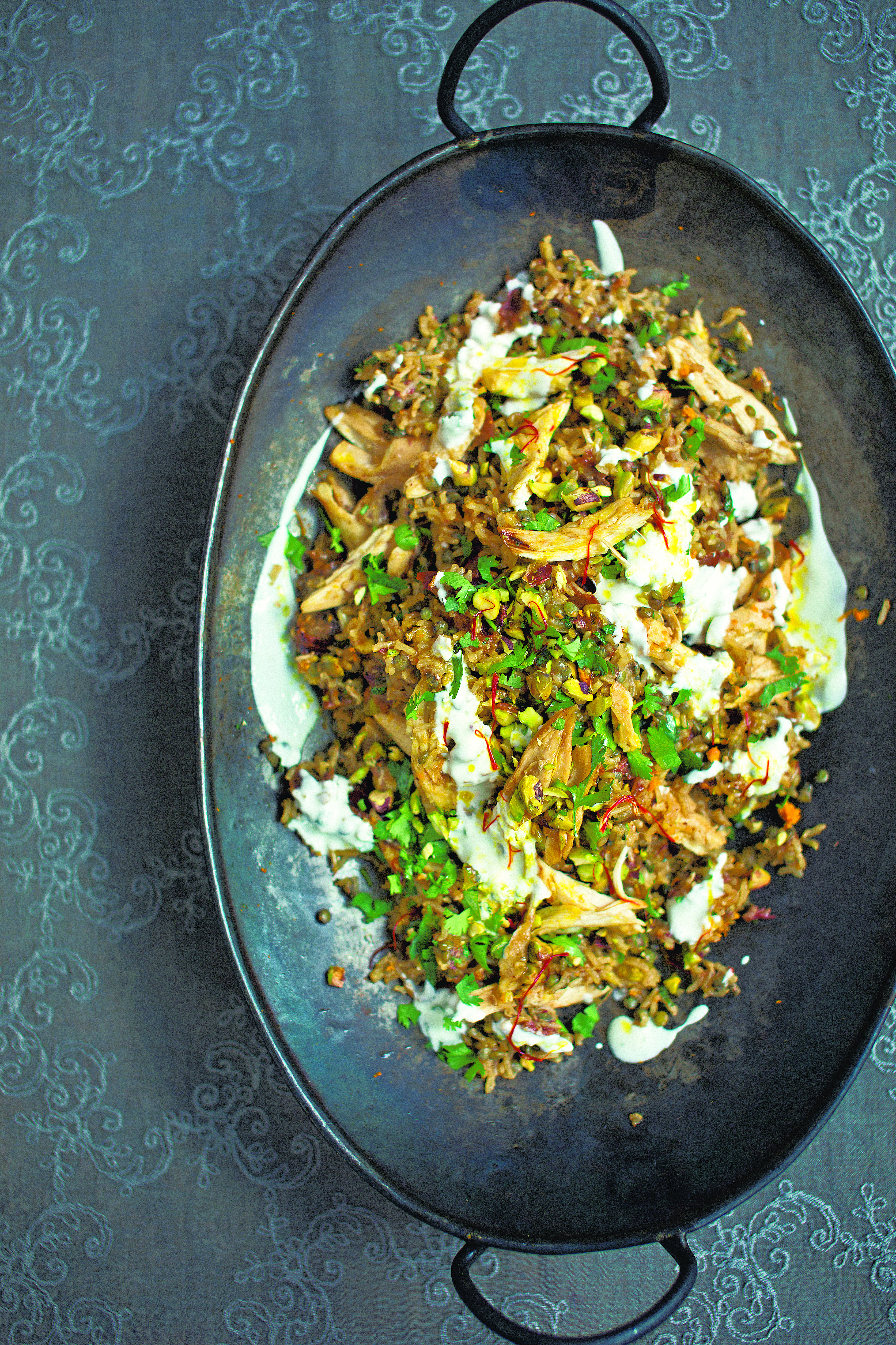 Chicken, date and lentil brown rice pilaf with saffron butter