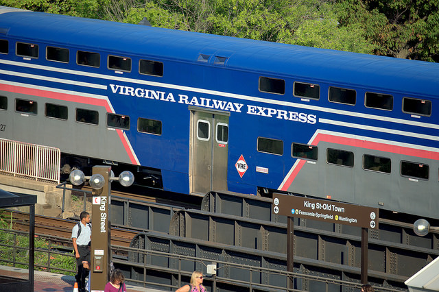 A Virginia Railway Express train at Kin Street station in Virginia.