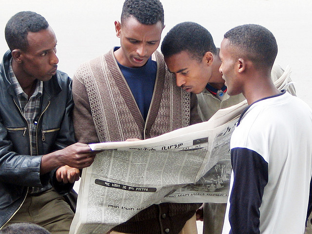 Journalism students at Addis Ababa University following the news two elections ago in 2005.