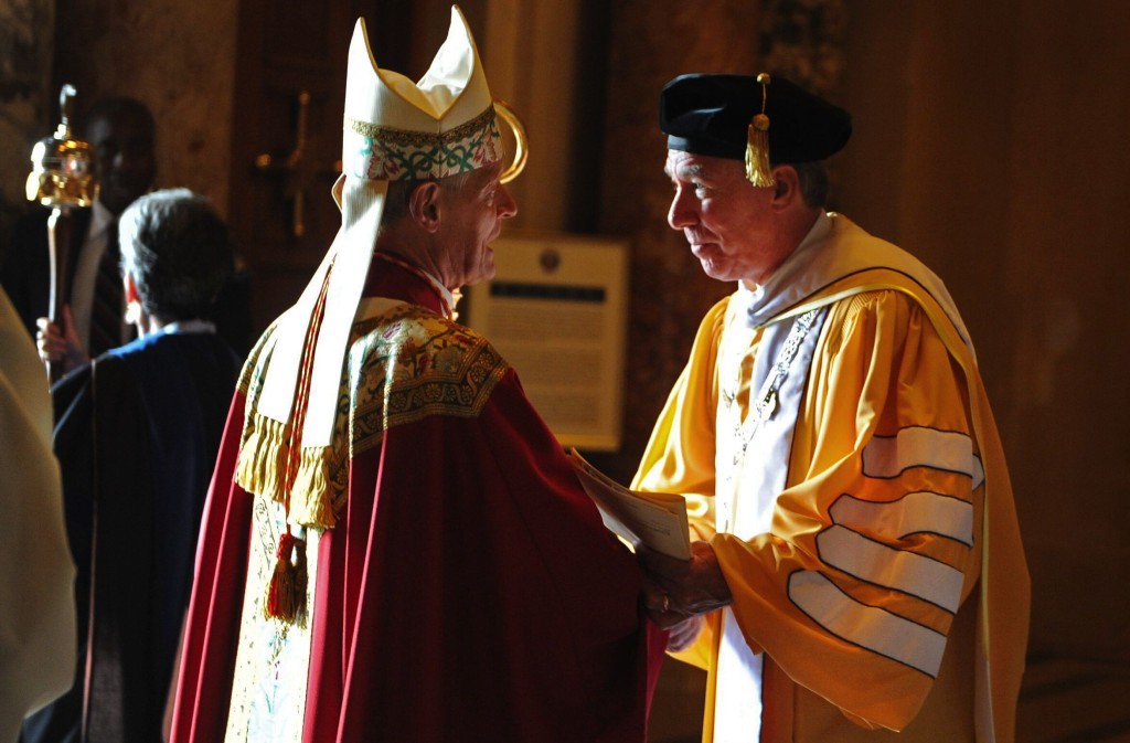 John Garvey, right, President of The Catholic University of America, greets Cardinal Donald Wuerl, archbishop of Washington and University chancellor, at the Basilica of the National Shrine of the Immaculate Conception after the University’s annual Mass of the Holy Spirit to celebrate the opening of the school year.