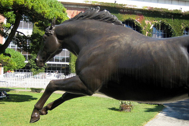 Belmont Park Racetrack's statue of Secretariat, the American Thoroughbred racehorse that became the first U.S. Triple Crown winner in 25 years in 1973.