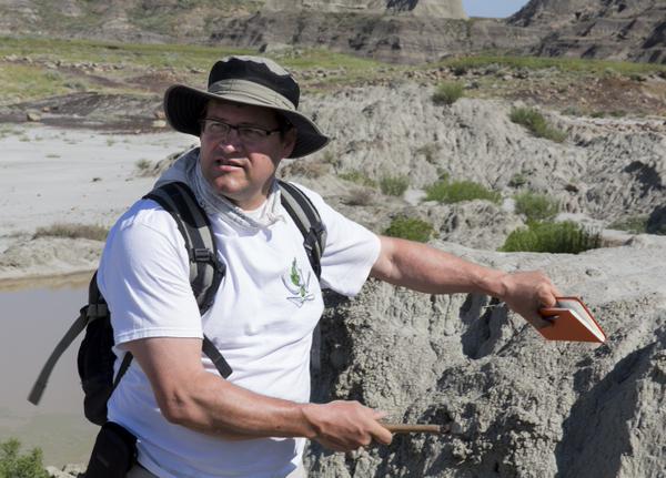 Smithsonian's National Museum of Natural History director Kirk Johnson examines what was once a Late Cretaceous landscape, in North Dakota’s Hell Creek Formation in July 2013.