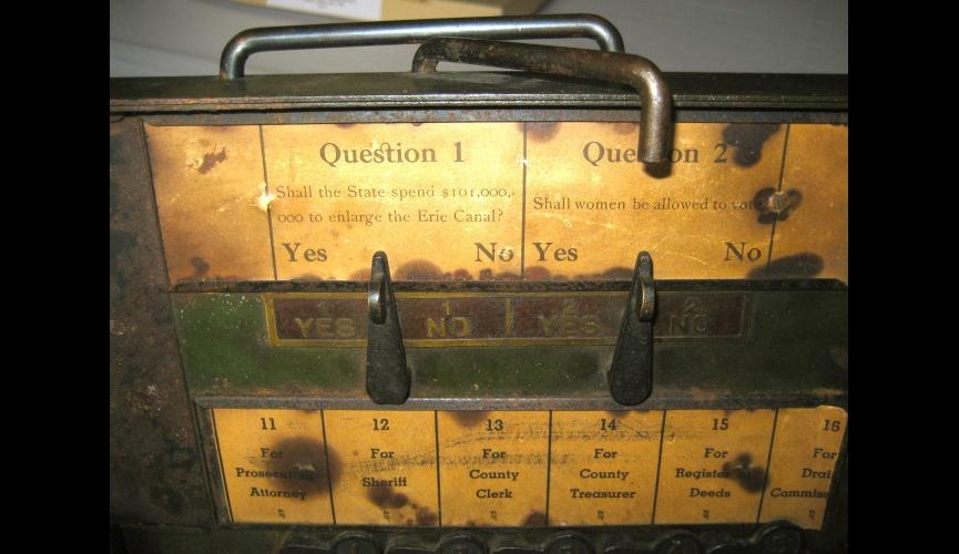 Close up on question that appeared on the test  sample voting machine from New York State circa mid-1800s