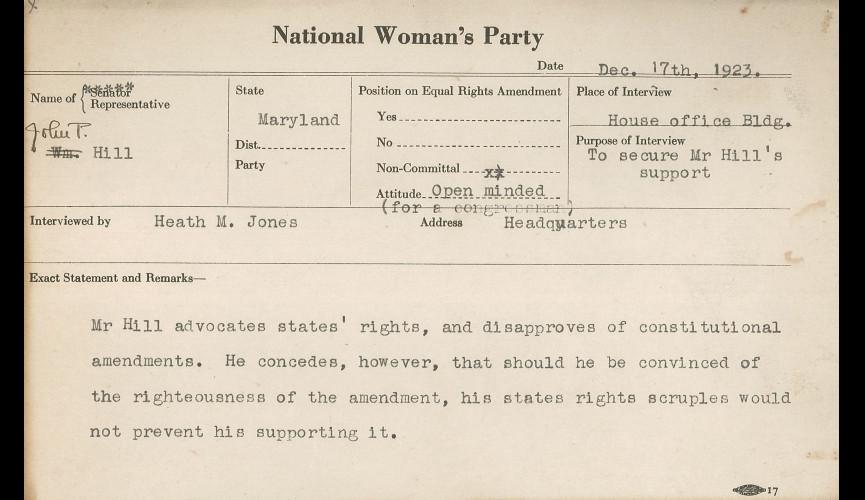 John P. Hill-NWP Congressional Voting Card December 17 1923