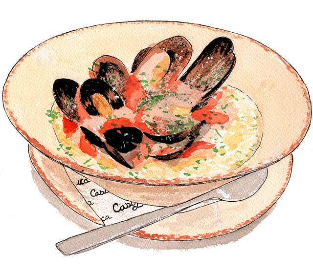 Josh Kramer's illustration of Casa Luca's Anson Mills white polenta features creamy polenta topped with Penn Cove mussels dressed in a light meatless tomato sauce.