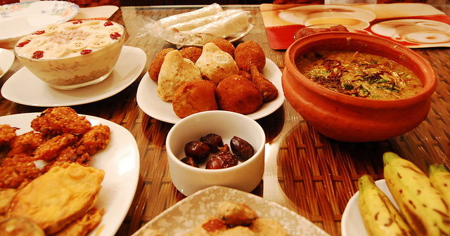 An Iftar meal at home during Ramadan.