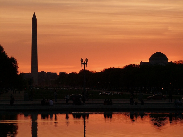 The Washington Monument at dusk.