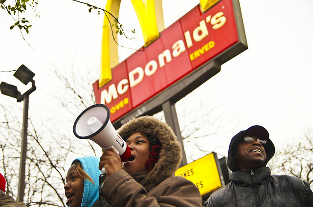 Workers protest at a McDonald's in Milwaukee, Wis.