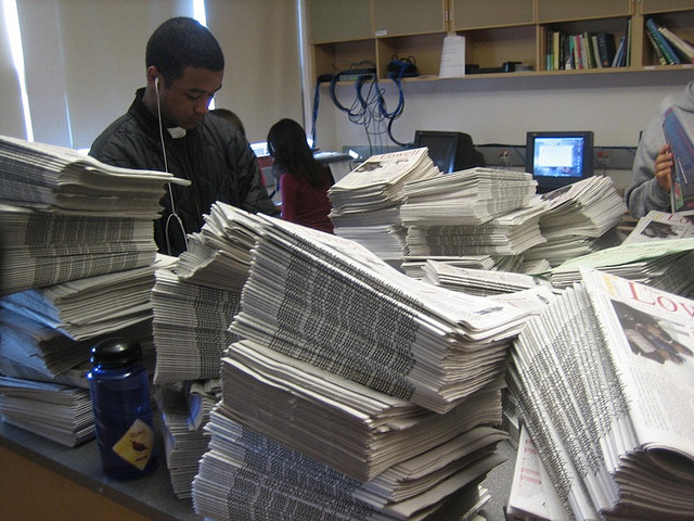 High school newspapers before distribution.