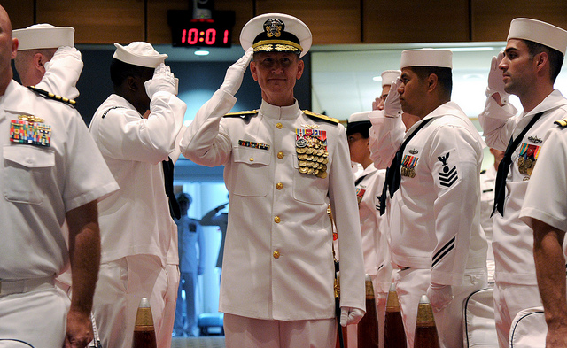 Vice Adm. Walter E. “Ted” Carter Jr. aboard U.S. Naval War College in Newport, R.I. during a change of command ceremony in 2013.