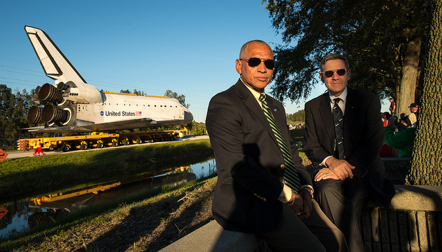 NASA Administrator Charles Bolden, left, and Kennedy Space Center director Robert Cabana pose for a photo as space shuttle Atlantis rolls toward its new home at the Kennedy Space Center Visitor Complexi n Cape Canaveral, Fla. in 2012.