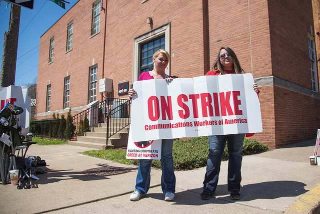 Members of CWA Local 13500 picket outside of the Verizon building at Third and Center Streets in Bloomsburg, Pa.