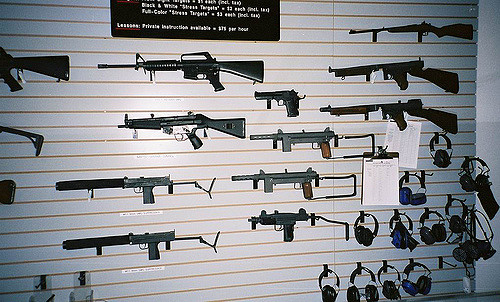 Guns on display at a Las Vegas shooting range.