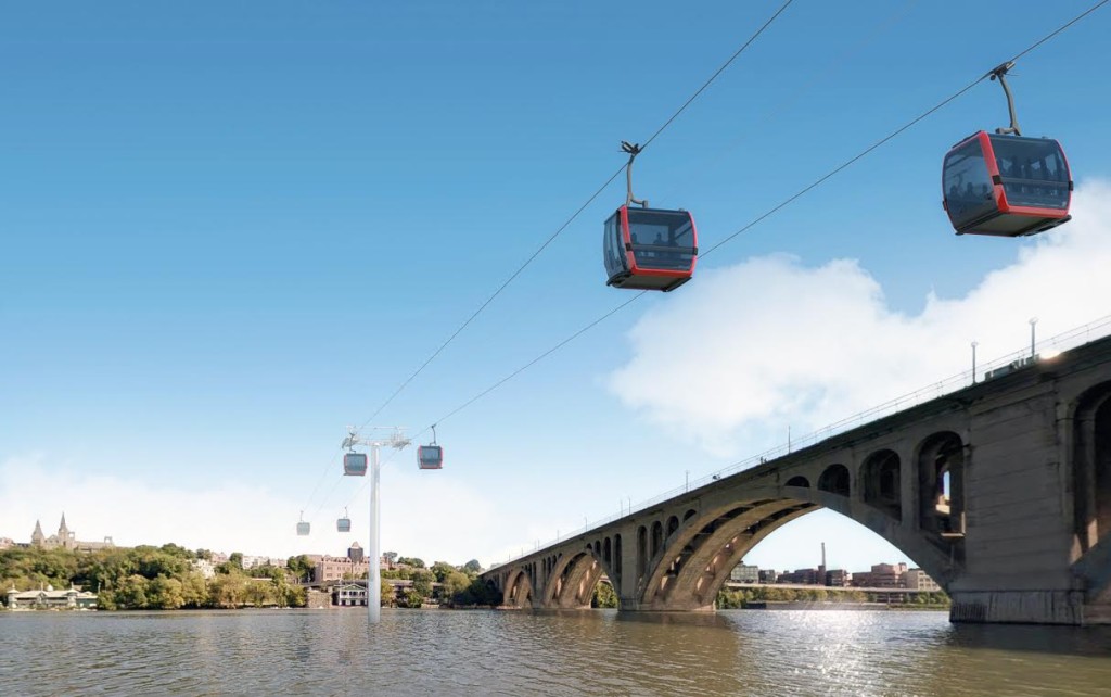 An architectural rendering of a gondola between Georgetown in Washington, D.C., and Rosslyn in northern Virginia.